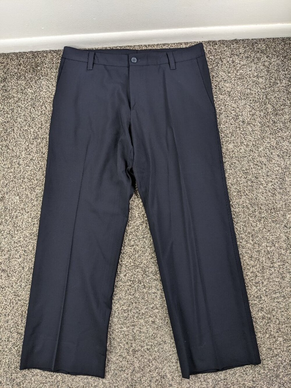 Hugo Boss Dress Pants Halm Virgin Wool Stretch Flat Front Navy Blue 34x29